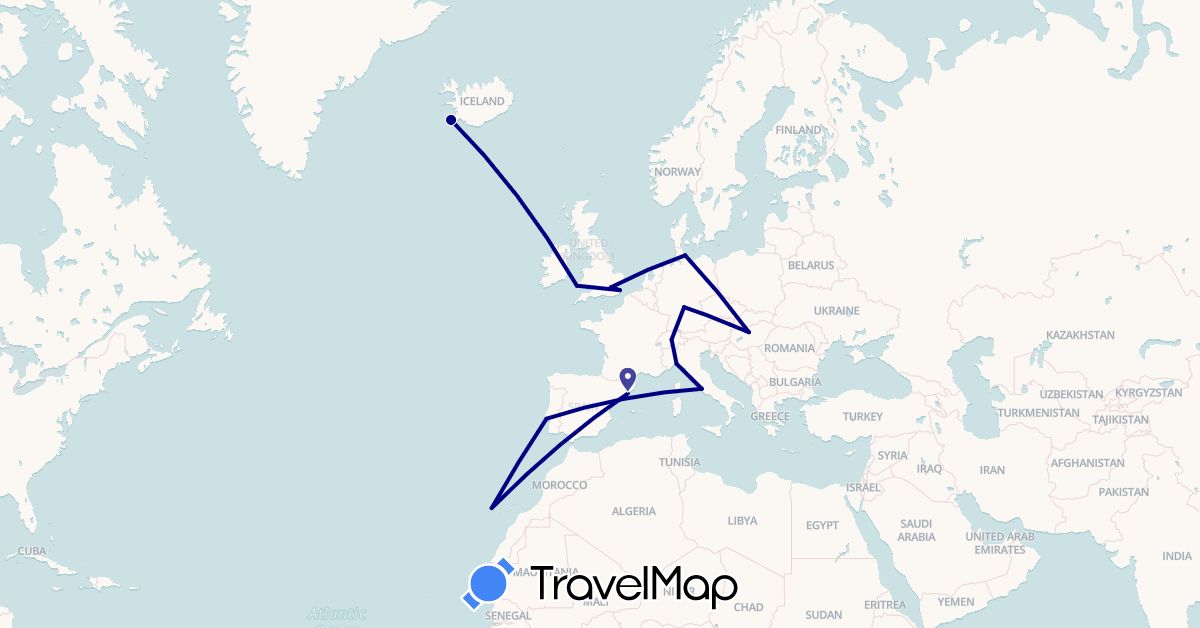 TravelMap itinerary: driving in Austria, Switzerland, Germany, Spain, United Kingdom, Hungary, Iceland, Italy, Portugal (Europe)